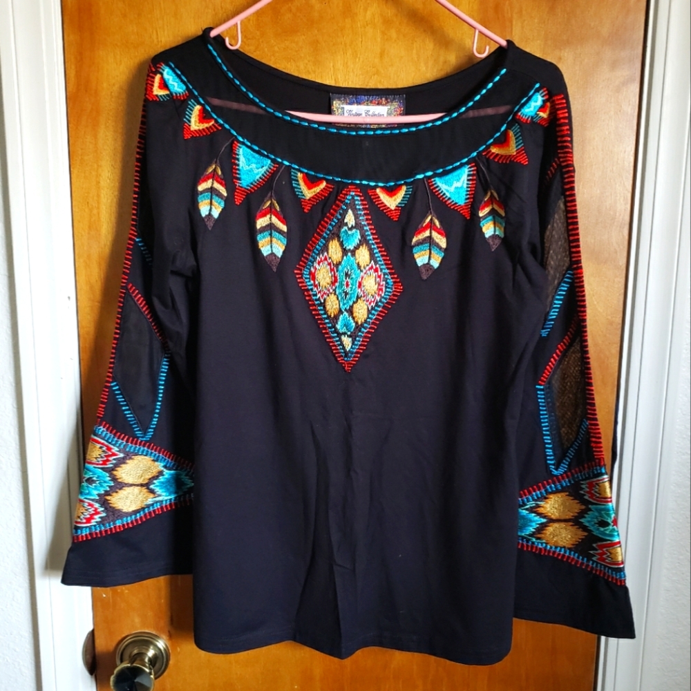 EC VINTAGE Collection embroidered top w mesh bell sleeves &neckline